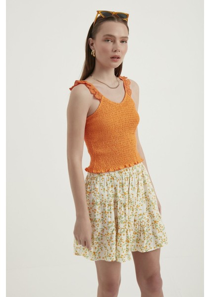 Kadın V Yaka Fermuarlı Crop Top Orange