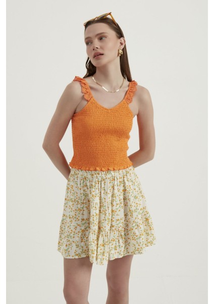 Kadın V Yaka Fermuarlı Crop Top Orange