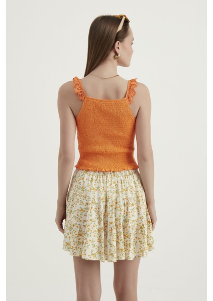 Kadın V Yaka Fermuarlı Crop Top Orange