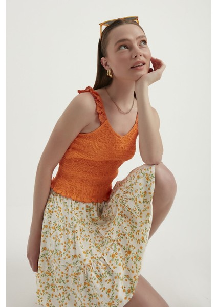 Kadın V Yaka Fermuarlı Crop Top Orange