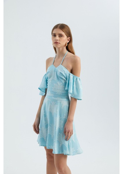 Kadın Çiçek Desenli Kat-Aşağı Askılı Mini Elbise Mavi