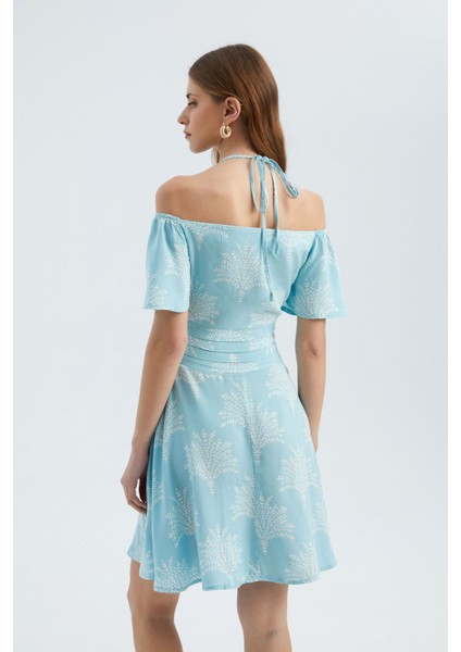 Kadın Çiçek Desenli Kat-Aşağı Askılı Mini Elbise Mavi