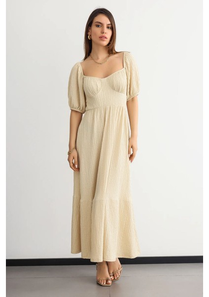 Kadın Muslin Bağcıklı Maxi Elbise Natural