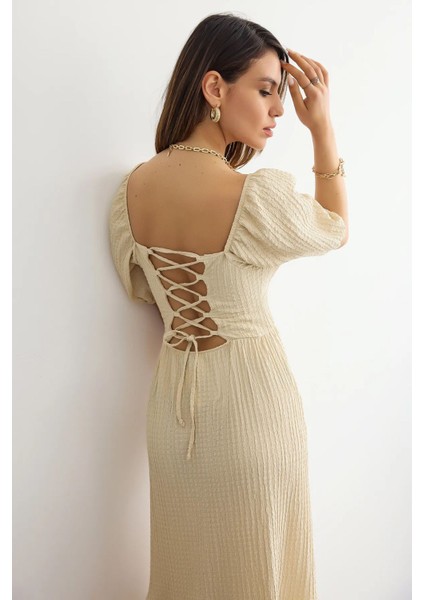 Kadın Muslin Bağcıklı Maxi Elbise Natural
