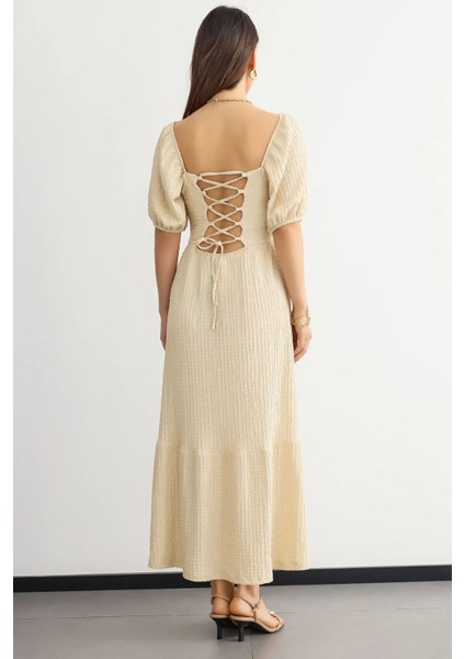 Kadın Muslin Bağcıklı Maxi Elbise Natural