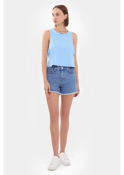 Kadın Kolsuz Yuvarlak Yakalı Düz Kısa Üst Blue