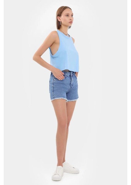 Kadın Kolsuz Yuvarlak Yakalı Düz Kısa Üst Blue
