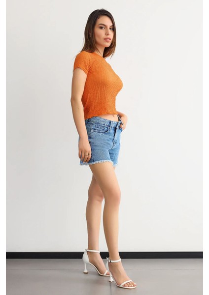 Kadın Dokuma Kumaşlı Yuvarlak Yaka Kısa Kollu Kırpılmış Üst Orange