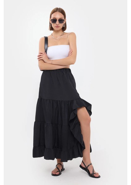 Kadın Yan Yırtmalı Katlı Uzun Etek Black