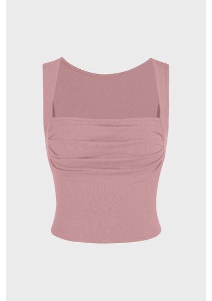 Kadın Drape Kare Yaka Bluz Tozlu Gül Pembesi