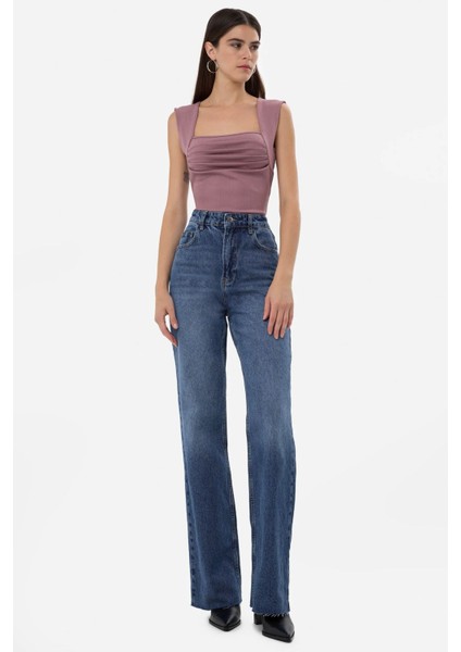 Kadın Drape Kare Yaka Bluz Tozlu Gül Pembesi