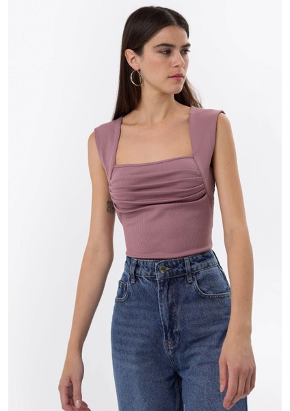 Kadın Drape Kare Yaka Bluz Tozlu Gül Pembesi