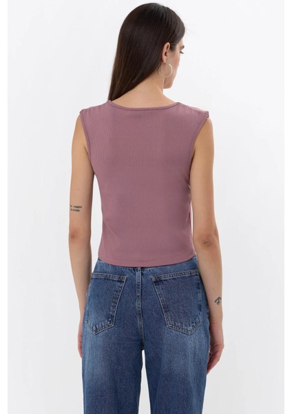 Kadın Drape Kare Yaka Bluz Tozlu Gül Pembesi