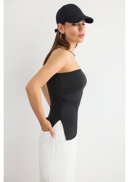 Kadın Yan Yırtmaçlı Askısız Düz Üst Kömür Grisi