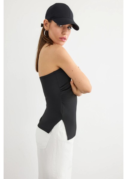 Kadın Yan Yırtmaçlı Askısız Düz Üst Kömür Grisi