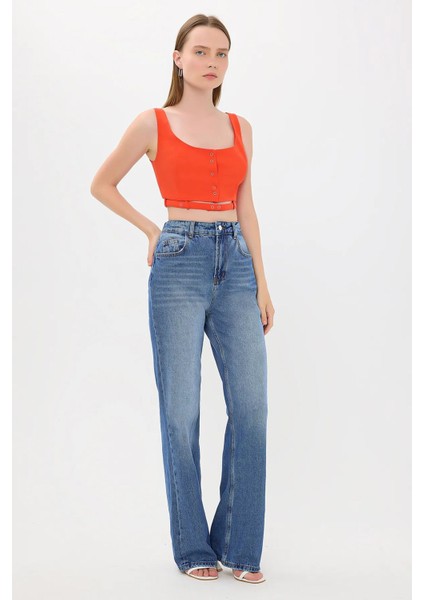 Kadın Kemer Detaylı Düğmeli Kare Yaka Kamu Tank Top Orange