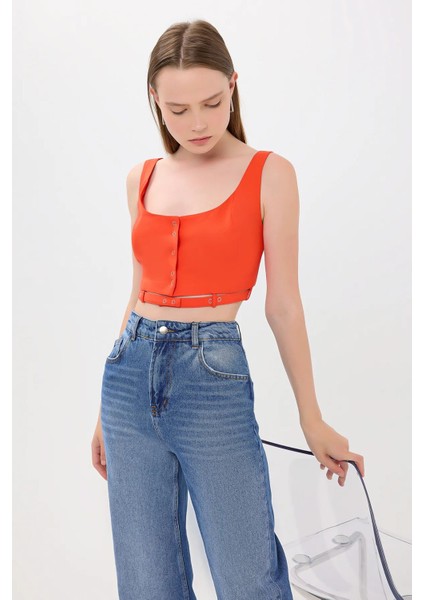 Kadın Kemer Detaylı Düğmeli Kare Yaka Kamu Tank Top Orange