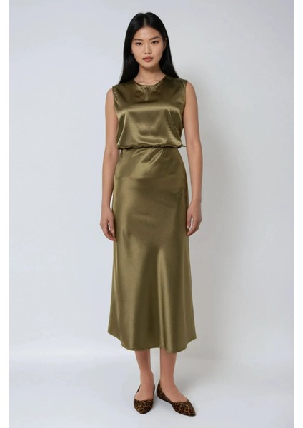 Kadın Yüksek Bel Saten Midi Etek Green