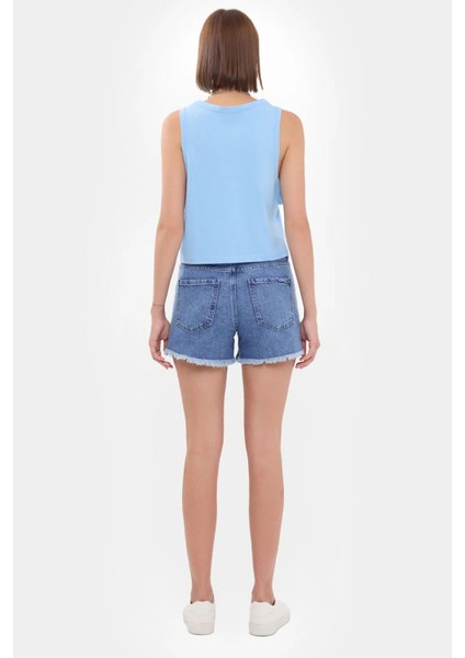 Kadın Kolsuz Yuvarlak Yakalı Düz Kısa Üst Blue