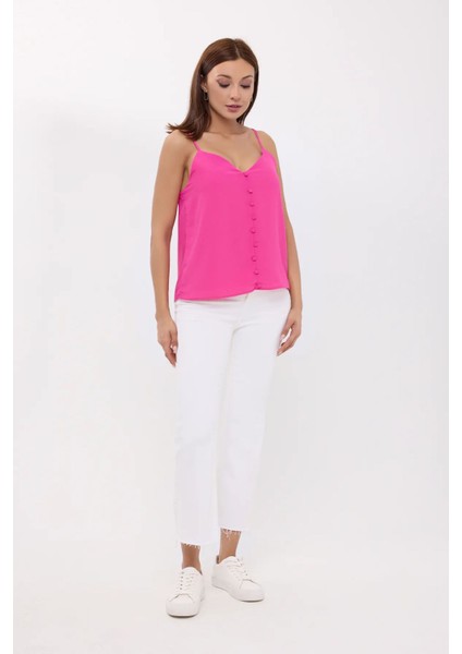 Kadın Kolsuz V-Yaka Düğmeli Bluz Macenta Pembesi