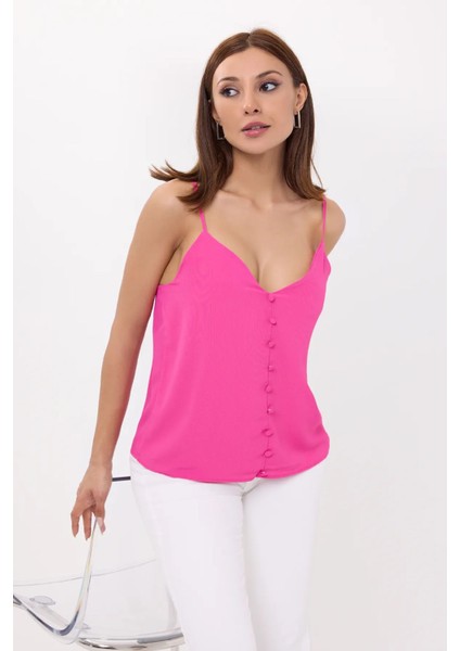 Kadın Kolsuz V-Yaka Düğmeli Bluz Macenta Pembesi