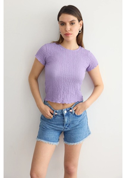 Kadın Dokuma Kumaşlı Yuvarlak Yaka Kısa Kollu Kırpılmış Üst Purple