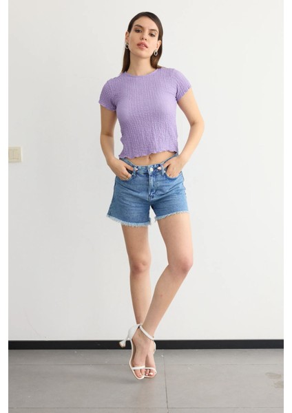 Kadın Dokuma Kumaşlı Yuvarlak Yaka Kısa Kollu Kırpılmış Üst Purple