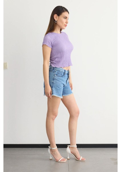 Kadın Dokuma Kumaşlı Yuvarlak Yaka Kısa Kollu Kırpılmış Üst Purple