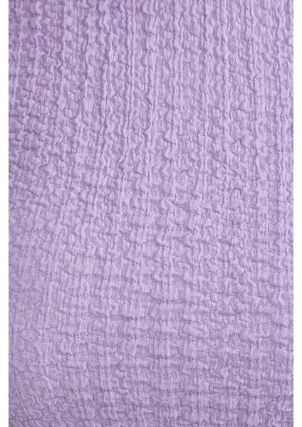 Kadın Dokuma Kumaşlı Yuvarlak Yaka Kısa Kollu Kırpılmış Üst Purple