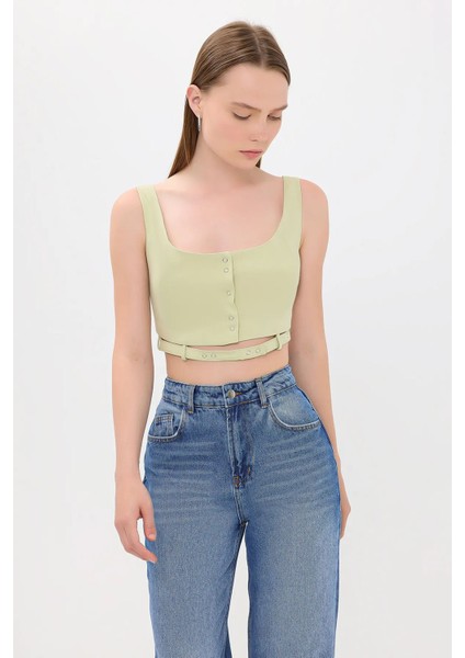 Kadın Kemer Detaylı Düğmeli Kare Yaka Kamu Tank Top Green