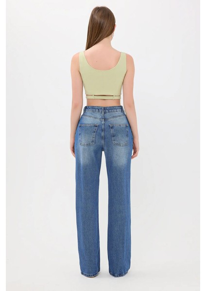 Kadın Kemer Detaylı Düğmeli Kare Yaka Kamu Tank Top Green