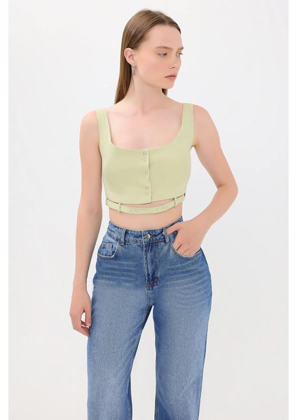 Kadın Kemer Detaylı Düğmeli Kare Yaka Kamu Tank Top Green