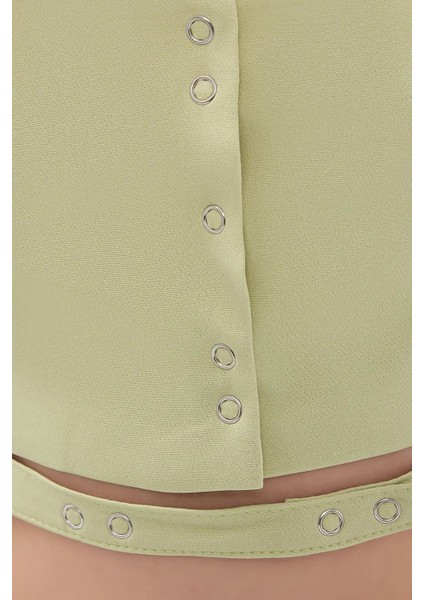 Kadın Kemer Detaylı Düğmeli Kare Yaka Kamu Tank Top Green