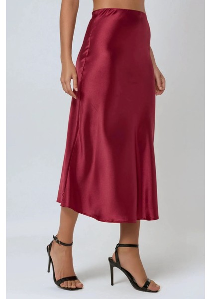 Kadın Yüksek Bel Saten Midi Etek Red