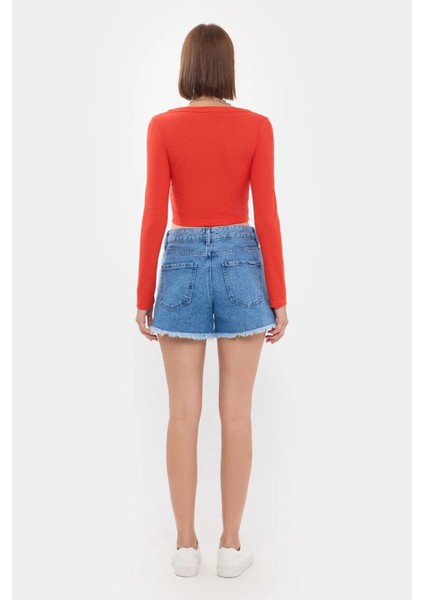 Kadın Düğme Detaylı Yuvarlak Yaka Dokuma Üst Red