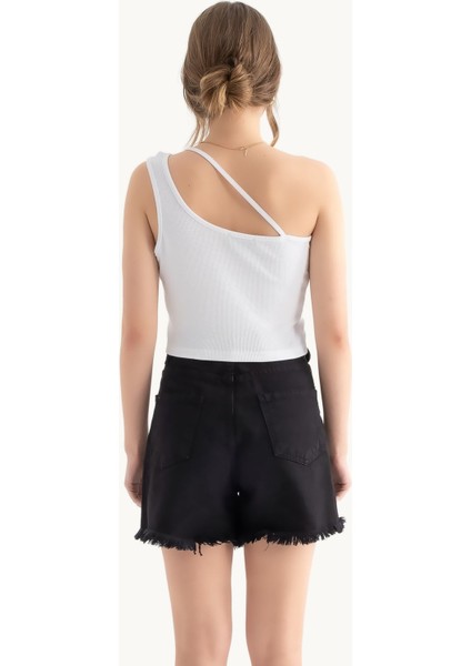 Kadın Tek Omuz Askısız Basic Crop Top White