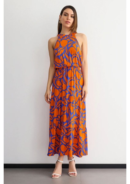 Kadın Çiçek Desenli Boyundan Bağlamalı Maxi Elbise Orange