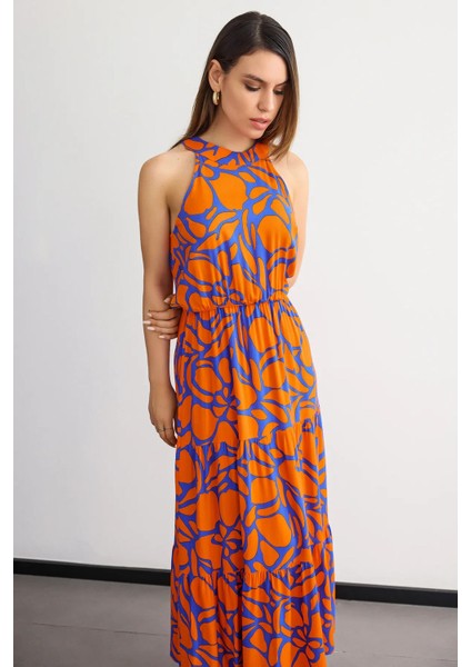 Kadın Çiçek Desenli Boyundan Bağlamalı Maxi Elbise Orange