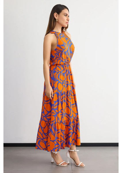 Kadın Çiçek Desenli Boyundan Bağlamalı Maxi Elbise Orange