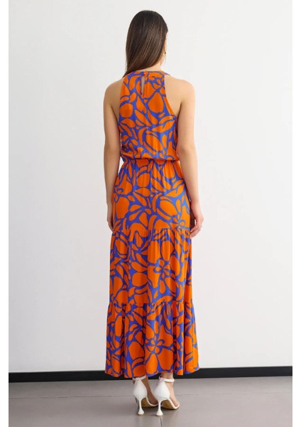 Kadın Çiçek Desenli Boyundan Bağlamalı Maxi Elbise Orange
