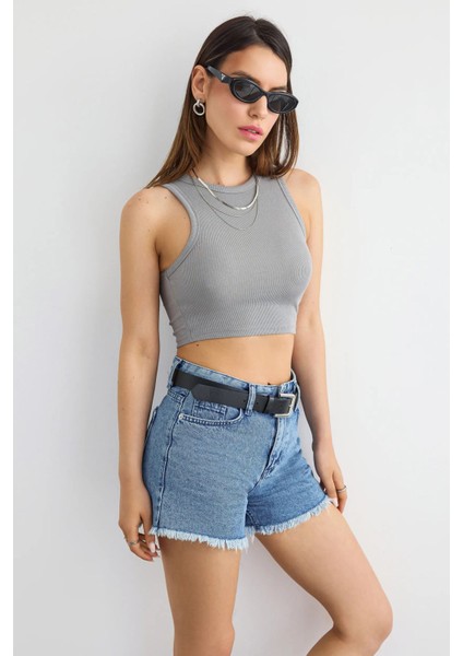 Kadın Temel Dokuma Bisiklet Yaka Tank Üst Grey