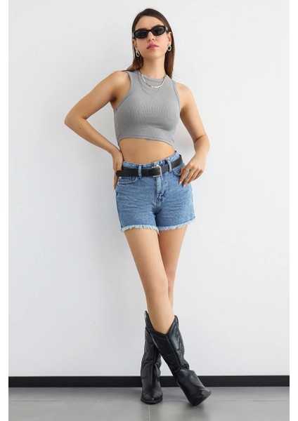 Kadın Temel Dokuma Bisiklet Yaka Tank Üst Grey