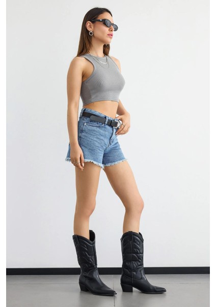 Kadın Temel Dokuma Bisiklet Yaka Tank Üst Grey