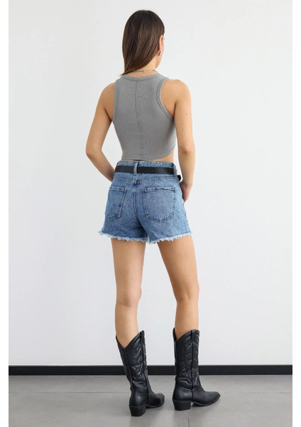 Kadın Temel Dokuma Bisiklet Yaka Tank Üst Grey