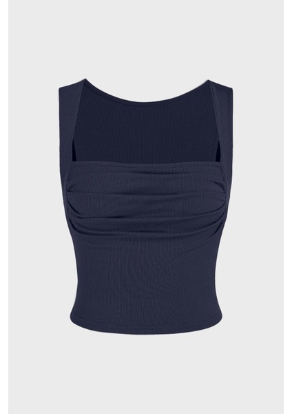 Kadın Drape Kare Yaka Bluz Blue