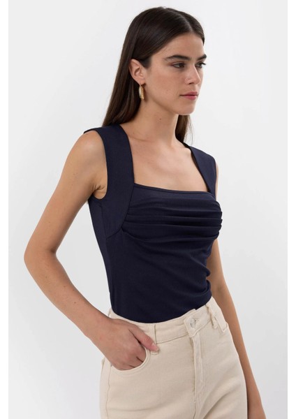 Kadın Drape Kare Yaka Bluz Blue