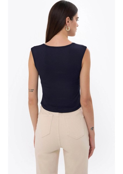 Kadın Drape Kare Yaka Bluz Blue