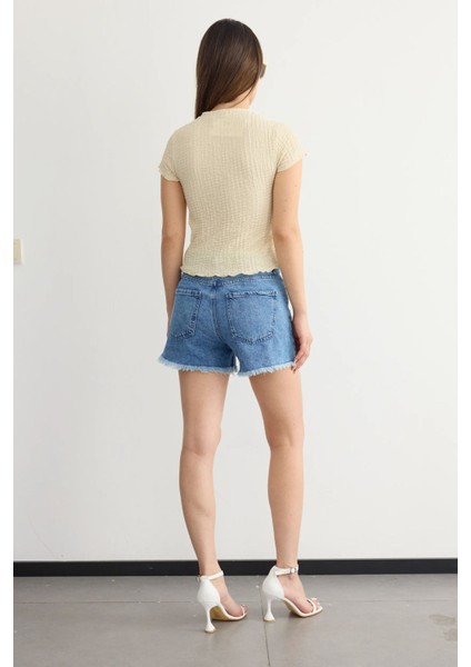 Kadın Dokuma Kumaşlı Yuvarlak Yaka Kısa Kollu Kırpılmış Üst Natural