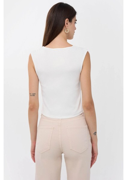 Kadın Drape Kare Yaka Bluz Beyaz