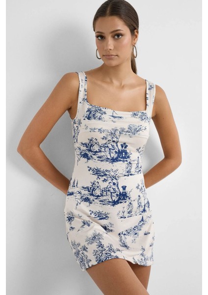 Kadın Kolsuz Baskılı Mini Elbise Blue